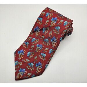 VTG Leonard Paris Dessin No. 068 Red Music Notes Floral Silk Tie 56x3 7/8"